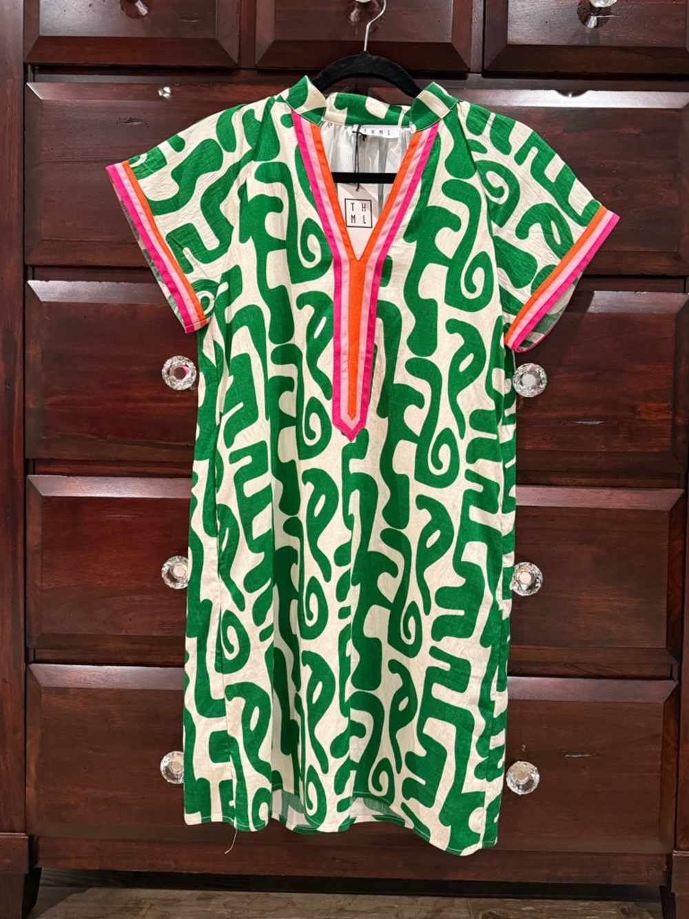 THML Green and White Abstract Print Kids Dress with Pink Trim
